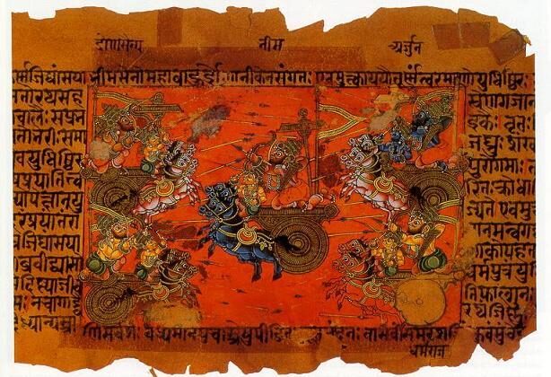 Ilustración manuscrita de la batalla de Kurukshetra. Kurukshetra es una ciudad en el estado de Haryana, en el norte de India, y es el escenario del poema épico hindú "Mahabharata". (Dominio publico)