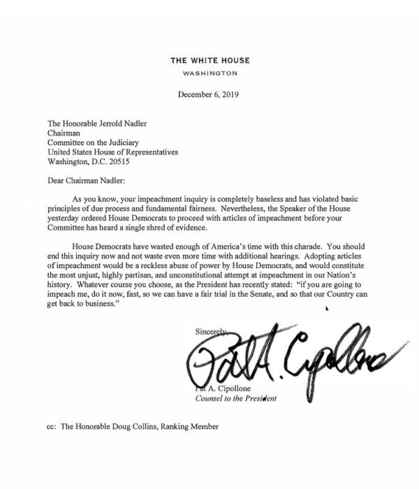 Una carta del abogado de la Casa Blanca, Pat Cipillone
