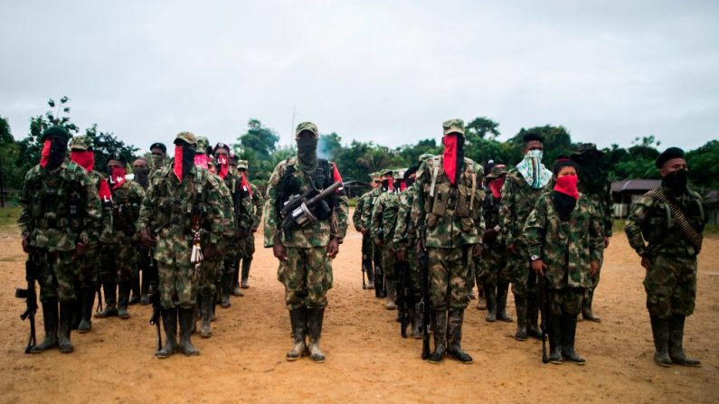 Miembros del Frente Occidental de Guerra Omar Gómez de la guerrilla del Ejército de Liberación Nacional (ELN), el 20 de noviembre de 2017 en las orillas del río San Juan, departamento de Chocó, Colombia.
(LUIS ROBAYO / AFP / Getty Images)