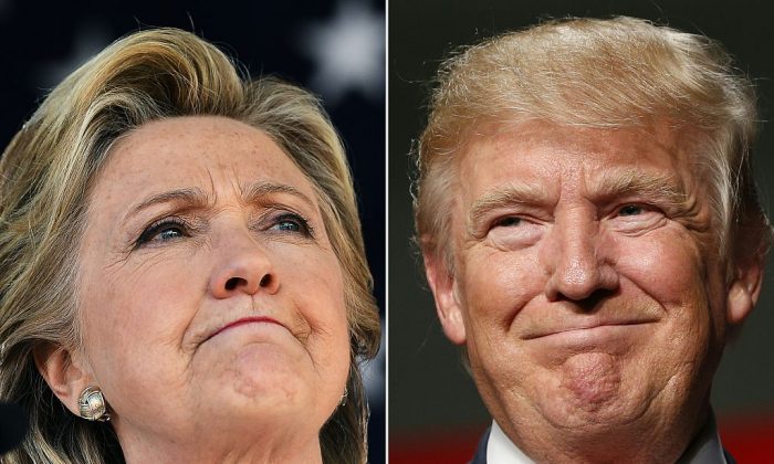 (Izquierda) Hillary Clinton en Dade City, Florida, el 1 de noviembre de 2016 y (derecha) Donald Trump en Warren, Michigan, el 31 de octubre de 2016. (Jewel Samad, Jeff Kowalsky/AFP/Getty Images)