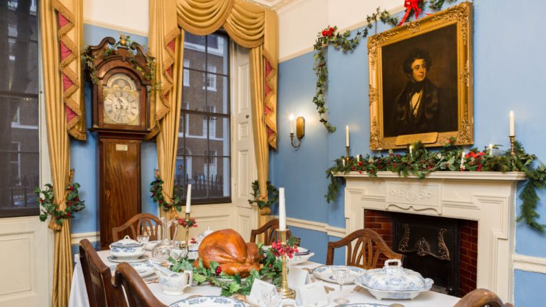 El comedor de Charles Dickens está decorado para Navidad en el Museo Charles Dickens, Londres. (Jayne Lloyd / Museo Charles Dickens)