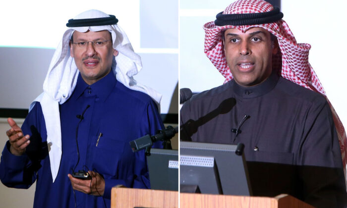 El ministro de petróleo kuwaití Khaled al-Fadhel (R) y el ministro de petróleo saudita, el príncipe Abdulaziz bin Salman (L), hablan durante una ceremonia que marca la firma de un acuerdo para extraer petróleo en la zona neutral entre Kuwait y Arabia Saudita, en Wafra, a unos 100 kilómetros al sur de la ciudad de Kuwait el 24 de diciembre de 2019. (YASSER AL-ZAYYAT / AFP a través de Getty Images) 