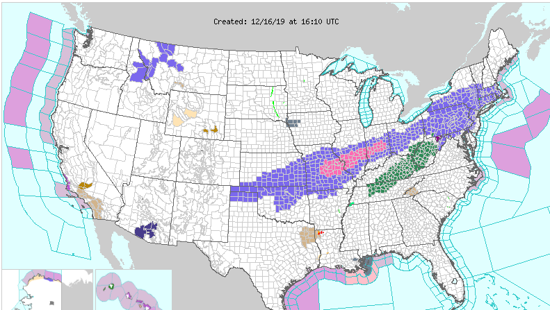 Se espera un clima invernal desde las llanuras hacia el noreste; posibles tormentas severas a lo largo de la costa del Golfo. (Captura de pantalla del NWS). 