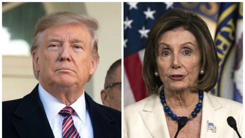 El presidente Donald Trump (izq.) habla en la Casa Blanca el 25 de noviembre de 2019. (Jim Watson/AFP vía Getty Images); la presidenta de la Cámara de Representantes Nancy Pelosi (D-Calif.) habla con los medios de comunicación durante su conferencia de prensa semanal en el Capitolio de Estados Unidos en Washington el 21 de noviembre de 2019. (Alex Edelman/Getty Images)