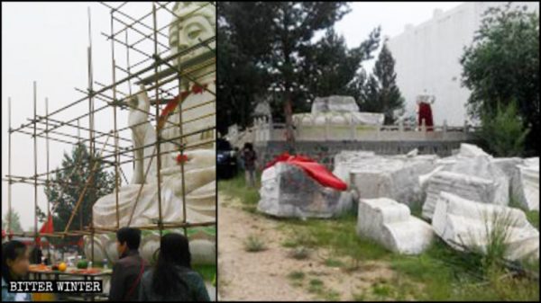 Estátua localizada no templo de Fuquan foi derrubada em agosto (a foto à esquerda foi cedida por uma fonte interna) (Bitter Winter)