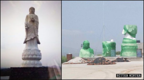 Estátua de Kwan Yin, localizada no templo de Puzhao, foi coberta para que não fosse demolida (a foto à esquerda foi cedida por uma fonte interna) (Bitter Winter)