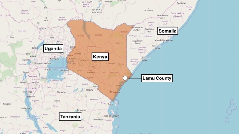 Mapa que muestra la ubicación aproximada del ataque terrorista en el condado de Lamu, Kenia. El ejército estadounidense dijo que un grupo afiliado a al-Qaeda atacó el aeródromo de Manda Bay, Kenia, el 5 de enero de 2020. (OpenStreetMaps)