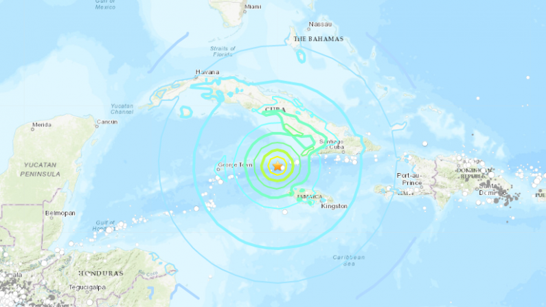 Epicentro del terremoto cerca de Jamaica y Cuba el 28 de enero de 2019. (USGS)