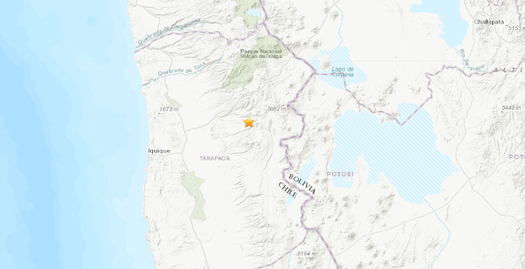 Epicentro del sismo en el norte del Chile de 5,0 grados el 16 de enero de 2020. (USGS)