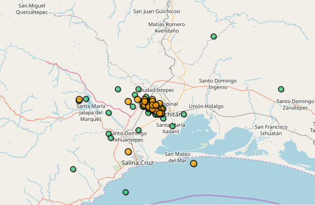 Un enjambre sísmico afecta esta zona de México en la frontera entre Oaxaca y Chiapas. Mapa con los epicentros que corresponden a los sismos de los últimos tres días. (SSN.UAM)