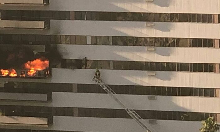 Se ve a un bombero de Los Ángeles en una escalera intentando alcanzar a un residente desesperado que se aferra al borde de los edificios en Los Ángeles, California, el 29 de enero de 2020. (Departamento de Bomberos de Los Ángeles)