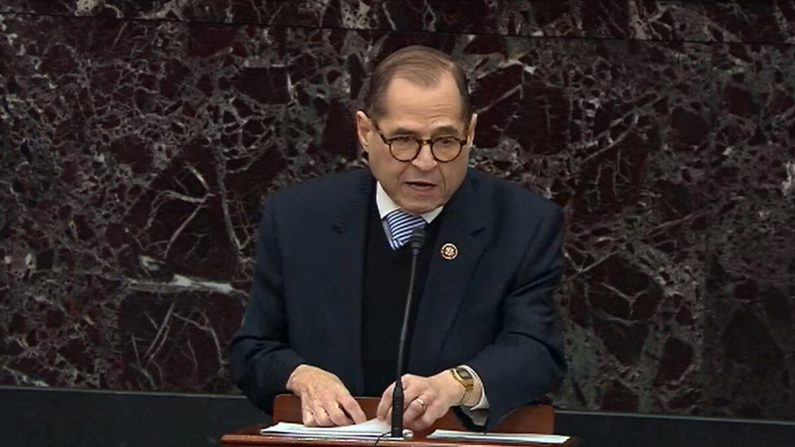 El gestor de juicio político de la Cámara, Jerrold Nadler (D-N.Y.), habla durante el juicio en contra del Presidente Donald Trump en el Senado, Capitolio de EE.UU, Washington D.C., 21 de enero de 2020. (Senate Television a través de Getty Images)