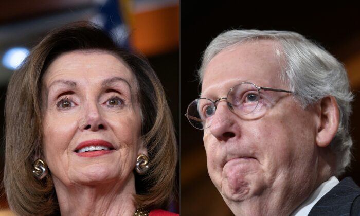 (COMBO) This combination of pictures created on December 23, 2019 shows
Speaker of the House Nancy Pelosi at a press conference on Capitol Hill in Washington, DC, December 19, 2019 and US Senate Majority Leader Mitch McConnell (R-KY) at a media availability on November 7,2018 on Capitol Hill in Washington,DC. - US House Speaker Nancy Pelosi and Senate Majority Leader Mitch McConnell spar over the ground rules for President Donald Trump's trial in the Senate on charges of abuse of power and obstruction of Congress. (Photos by SAUL LOEB and Nicholas Kamm / AFP) (Photo by SAUL LOEB,NICHOLAS KAMM/AFP via Getty Images)