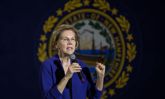 La senadora Elizabeth Warren (D-Mass.) habla en el escenario durante su primer evento de campaña del año 2020 en Concord, New Hampshire, el 2 de enero de 2020. Las asambleas electorales de Iowa, la primera competencia de nominación en la temporada de primarias presidenciales demócratas, se llevará a cabo el 3 de febrero de 2020. (Scott Eisen/Getty Images)