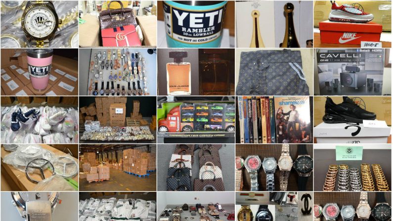 Un collage compuesto por fotos de falsificaciones incautadas por Aduanas y Protección Fronteriza. (La Gran Época / CBP)
