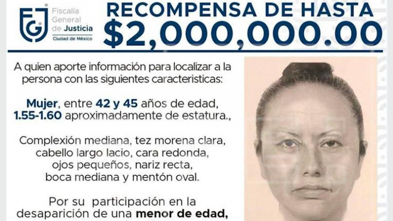 Reproducción de un cartel difundido el 18 de febrero de 2020 por la Fiscalía General de Justicia (FJG) de México que muestra el retrato robot de la mujer que se llevó del colegio a Fátima, una niña de 7 años. EFE/ Cortesía Fiscalía General de Justicia