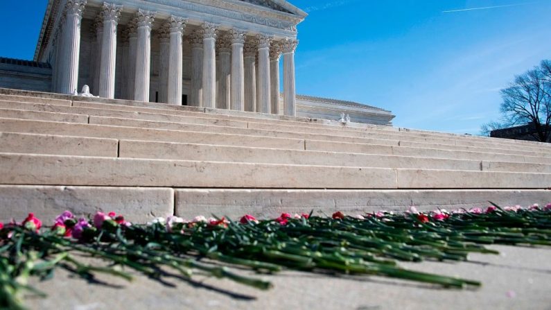 Flores de clavel dejadas en el 46 aniversario de la decisión de Roe v Wade frente a la Corte Suprema de los EE.UU. en Washington, DC, el 22 de enero de 2019. (JIM WATSON/AFP a través de Getty Images)