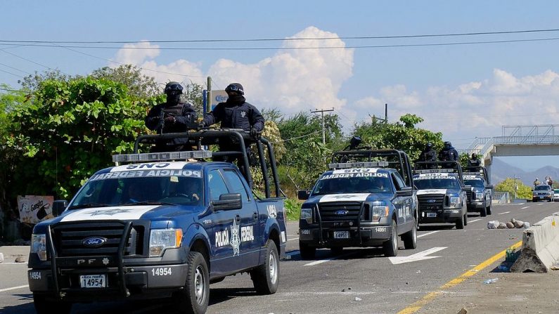 Vista de un convoy de la Policía Federal que se dirige a la comunidad apatzingana, en el estado de Michoacán, México, el 14 de enero de 2014. (Alfredo Estrella / AFP / Getty Images)