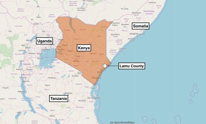 Mapa muestra la ubicación aproximada del ataque terrorista en Kenia. El ejército de EE.UU. dijo que un grupo afiliado a Al-Qaeda atacó el aeródromo de Manda Bay, Kenia, el 5 de enero de 2020. (OpenStreetMaps)