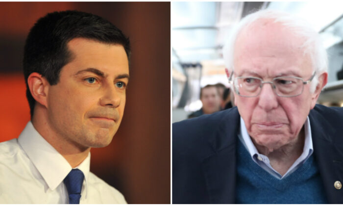 (Izq.) El candidato presidencial demócrata, el alcalde Pete Buttigieg, es entrevistado por el moderador Chris Wallace durante un debate abierto del canal FOX News en el River Center de Des Moines, Iowa, el 26 de enero de 2020 en Des Moines, Iowa. (Steve Pope/Getty Images) (Dcha.) El candidato presidencial demócrata, el senador Bernie Sanders (I-VT), habla con los medios después de abordar el avión en el Aeropuerto Internacional de Des Moines el 4 de febrero de 2020 en Des Moines, Iowa. (Joe Raedle/Getty Images)