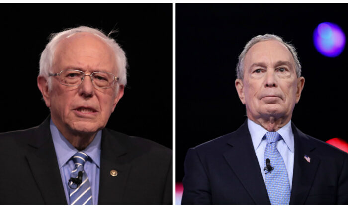 Precandidatos presidenciales demócratas, el exalcalde de Nueva York Mike Bloomberg (derecha) y el senador Bernie Sanders (I-Vt.) (izquierda) se presentan en el debate de las primarias el 25 de febrero de 2020. (Scott Olson/Getty Images; Logan Cyrus/AFP vía Getty Images)