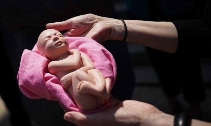 Un activista pro-vida sostiene un modelo de un bebé no nacido. (Mandel Ngan/Archivo/AFP/Getty Images)
