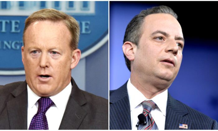 (Izq.) Sean Spicer en la Casa Blanca el 17 de julio de 2017. (Dcha.) Reince Priebus durante un debate en la Conferencia de Acción Política Conservadora en National Harbor, Maryland, el 23 de febrero de 2017. (Olivier Douliery/Mike Theiler/AFP vía Getty Images)