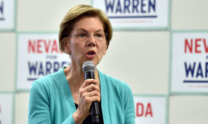 La candidata presidencial demócrata, la senadora Elizabeth Warren, de Massachusetts habla en un evento de lanzamiento de campaña en una de sus oficinas de campaña en North Las Vegas, Nevada, el 20 de febrero de 2020. (David Becker/Getty Images)