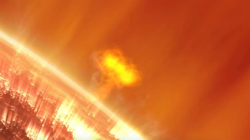 WASHINGTON (DC, EEUU), 30/03/2020.- Fotografía cedida por la NASA de una ilustración que muestra una de las tormentas de partículas solares que brotan del Sol. La NASA anunció este lunes la puesta en marcha de la misión SunRISE, que estudiará las tormentas solares- conocidas como tormentas de partículas- gracias a la puesta en órbita de seis pequeños satélites que elaborarán un mapa 3D del astro. EFE/NASA 
