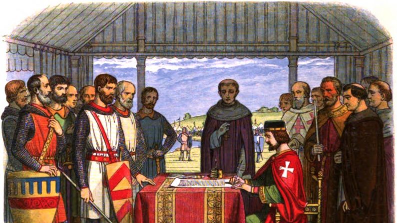 Una recreación romántica del siglo XIX de James William Edmund Doyle del Rey John de Inglaterra (sentado a la der.) firmando la Carta Magna en Runnymede. ("Una crónica de Inglaterra"/Wikimedia Commons)
