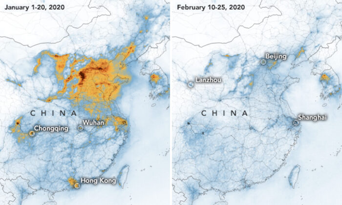 Imágenes satelitales de China, tomadas en enero (Izq.) y febrero que muestran una disminución significativa en el dióxido de nitrógeno. (NASA)