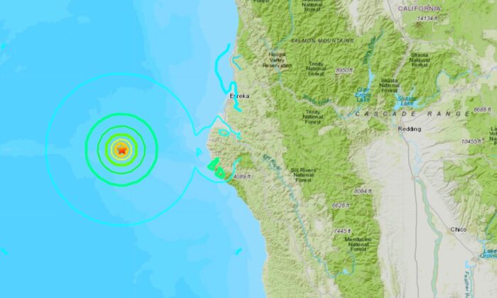 Mapa mostrando el epicentro del terremoto de magnitud 5.8 justo frente a la costa de California que ocurrió el 8 de marzo de 2020 a las 6:59 hora local. (USGS)