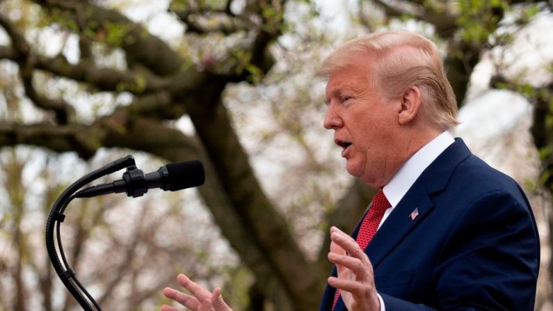 El presidente Donald Trump habla durante una rueda de prensa de la Fuerza de Taqreas contra el Coronavirus en el Jardín de las Rosas de la Casa Blanca en Washington, el 29 de marzo de 2020. (Jim Watson / AFP/ Getty Images)