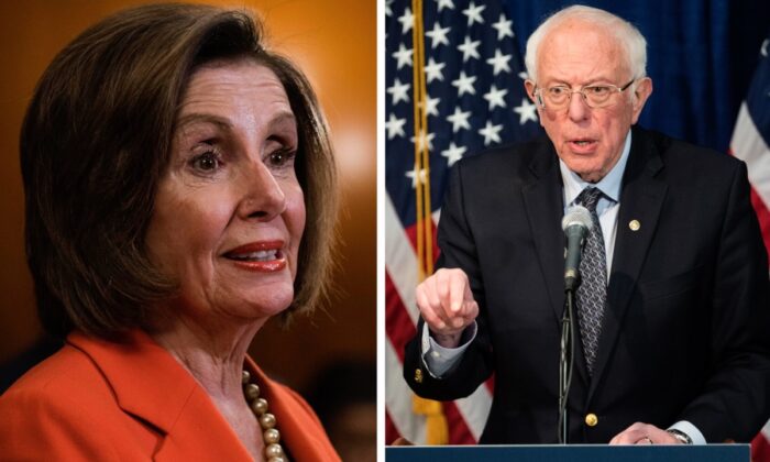 La presidenta de la Cámara de Representantes Nancy Pelosi (D-California), asiste a una conferencia de prensa en la Sala Rayburn del Capitolio de los EE.UU. en Washington el 5 de febrero de 2020. El candidato presidencial demócrata, el senador Bernie Sanders (I-Vt.) presenta una actualización de la campaña en el Hotel Vermont en Burlington, Vermont, el 11 de marzo de 2020. (Scott Eisen/Getty Images)