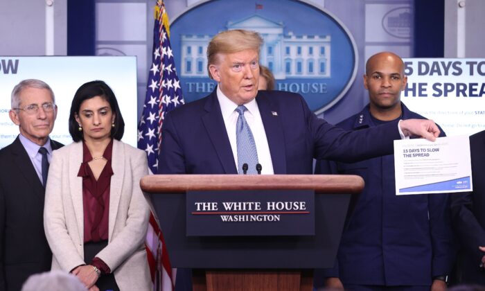 El presidente Donald Trump, flanqueado por miembros del Grupo de Trabajo del coronavirus, habla a los medios de comunicación en la sala de prensa de la Casa Blanca el 16 de marzo de 2020. (Win McNamee/Getty Images)
