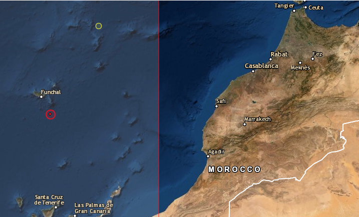 Registran un sismo de magnitud 5.3 en el archipiélago luso de Madeira el 7 de marzo de 2020. Foto de CSEM