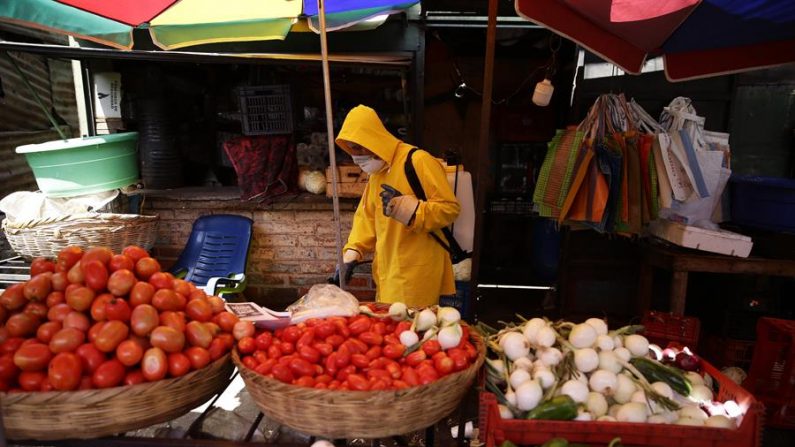 Miembro de la unidad de protección civil de la alcaldía de San Salvador participa el 19 de marzo de 2020 en una jornada de desinfección en el mercado de mayoreo "La Tiendona". EFE/ Rodrigo Sura
