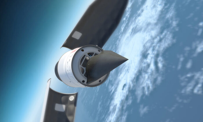 Esta ilustración muestra el vehículo de prueba hipersónico, Falcon, de la Agencia de Productos de Investigación Avanzada de Defensa (DARPA) cuando emerge de su cono de nariz de cohete, preparándose para volver a entrar en la atmósfera de la Tierra. (Imagen cortesía de DARPA)