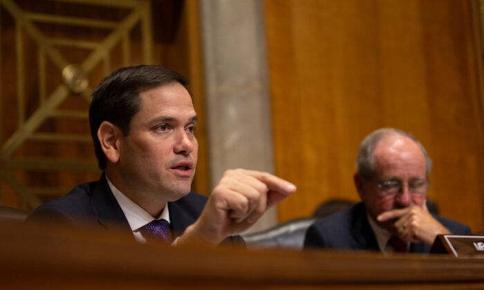 El senador estadounidense Marco Rubio (R-FL) cuestiona a Kelly Craft, la candidata del presidente Trump para ser representante ante las Naciones Unidas, durante su audiencia de nominación ante el Comité de Relaciones Exteriores del Senado en Washington, el 19 de junio de 2019. (Stefani Reynolds/Getty Images)