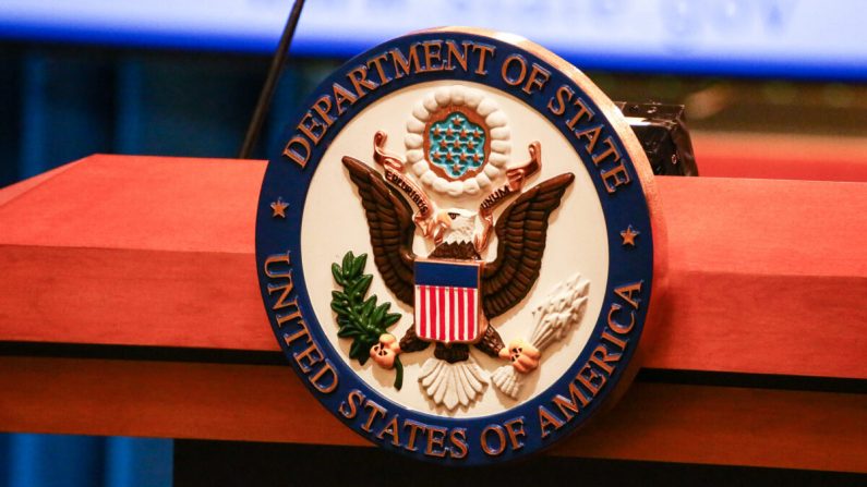 El podio en el Departamento de Estado en Washington el 16 de agosto de 2018. (Charlotte Cuthbertson/The Epoch Times)