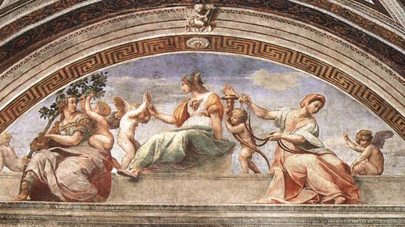 El fresco "Cardenal y virtudes teológicas" de Rafael, 1511. Las tres mujeres representan la caridad, la prudencia y la fe. (Dominio publico)