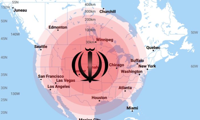 El símbolo de la granada de la bandera iraní sobre una imagen creada para la Comisión EMP del Congreso que representa la zona afectada por un pulso electromagnético nuclear detonado a varias alturas sobre América del Norte y se centró en Estados Unidos. (Tommy Waller/dominio público)