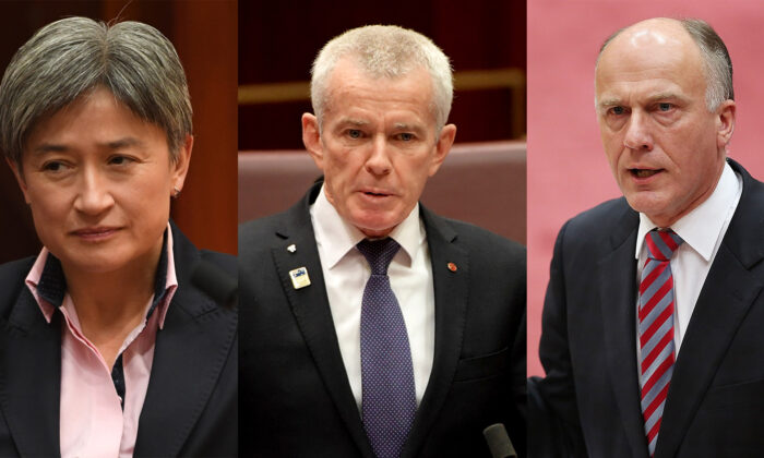 Los senadores Penny Wong, Malcolm Roberts, Eric Abetz en el Senado en la Casa del Parlamento. (Tracey Nearmy/Stefan Postles/Getty Images)