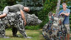 Artista convierte desechos de metal en esculturas de tamaño real de leones, perros, guitarras y osos