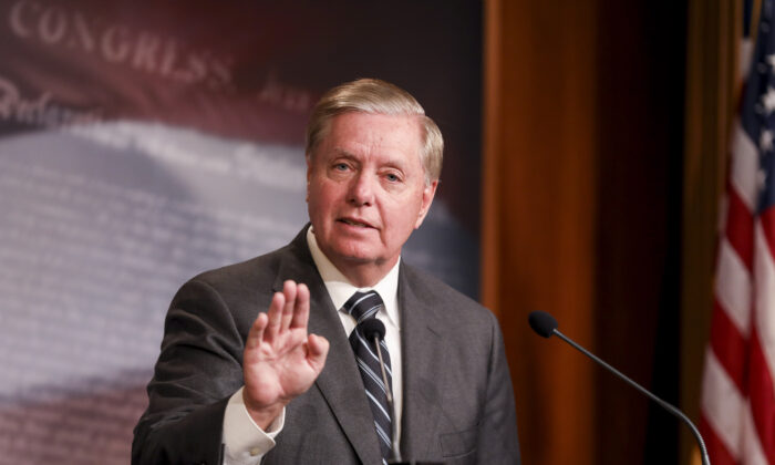 Sen. Lindsey Graham (R-S.C.) holds a press conference about the House impeachment inquiry process, on Capitol Hill in Washington on Oct. 24, 2019. (Charlotte Cuthbertson/The Epoch Times)