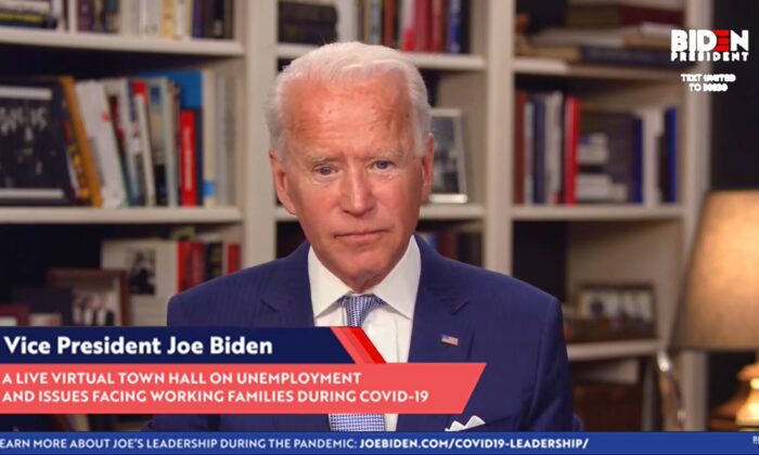El candidato presidencial demócrata y exvicepresidente Joe Biden durante un encuentro virtual el 8 de abril de 2020. (JoeBiden.com vía Getty Images)