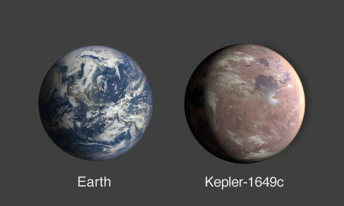 Una comparación entre la Tierra y el Kepler-1649c, un exoplaneta que solo tiene 1.06 veces el radio de la Tierra. (NASA/Centro de Investigación Ames/Daniel Rutter)