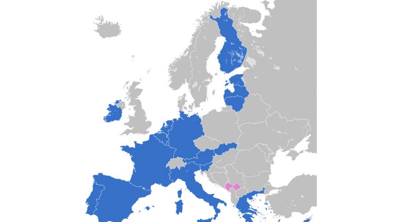 Los países de la Eurozona destacados en el mapa de Europa. (JLogan vía Wikimedia Commons)