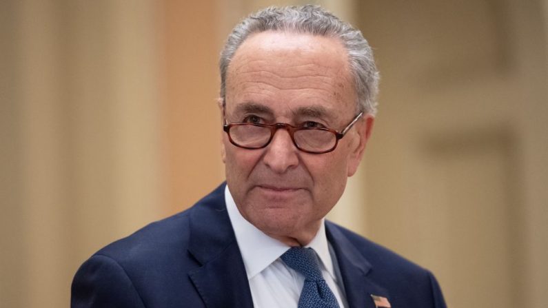 El líder de la minoría del Senado de EE. UU., Chuck Schumer, demócrata de Nueva York, habla con la prensa durante una sesión en el Capitolio de los EE. UU. en Washington, DC, el 21 de abril de 2020. (SAUL LOEB/AFP vía Getty Images)
