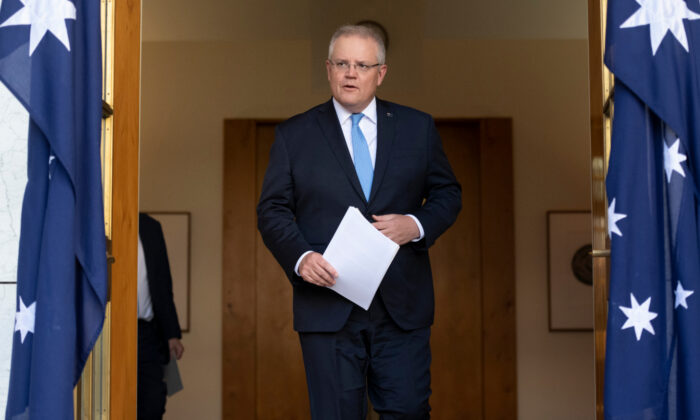 Primer Ministro de Australia, Scott Morrison, durante una conferencia de prensa luego de una reunión de gabinete nacional en Canberra, Australia, el 15 de mayo de 2020. (Rohan Thomson/Getty Images)
